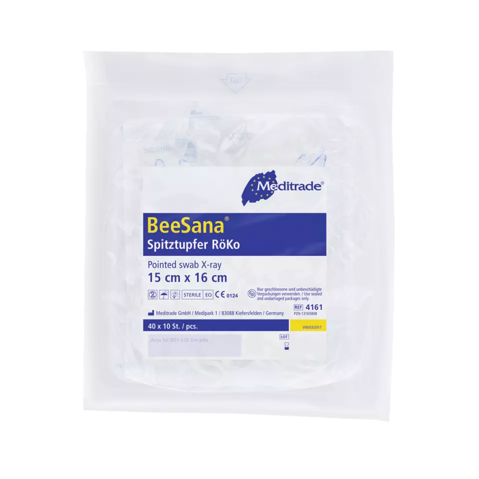 Meditrade 4161, BeeSana® Pointed Swab VM 20, X-Ray Detectable Thread, Sterile, 15 x 16 cm, Large, image 1, gallery thumbnail