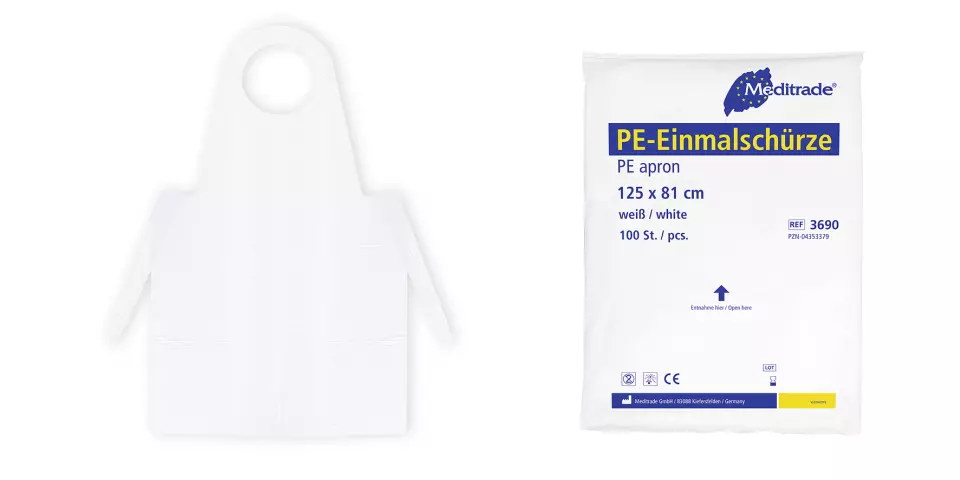 Meditrade 3690, PE Disposable Apron, White, 125 x 81cm, image 1, gallery thumbnail