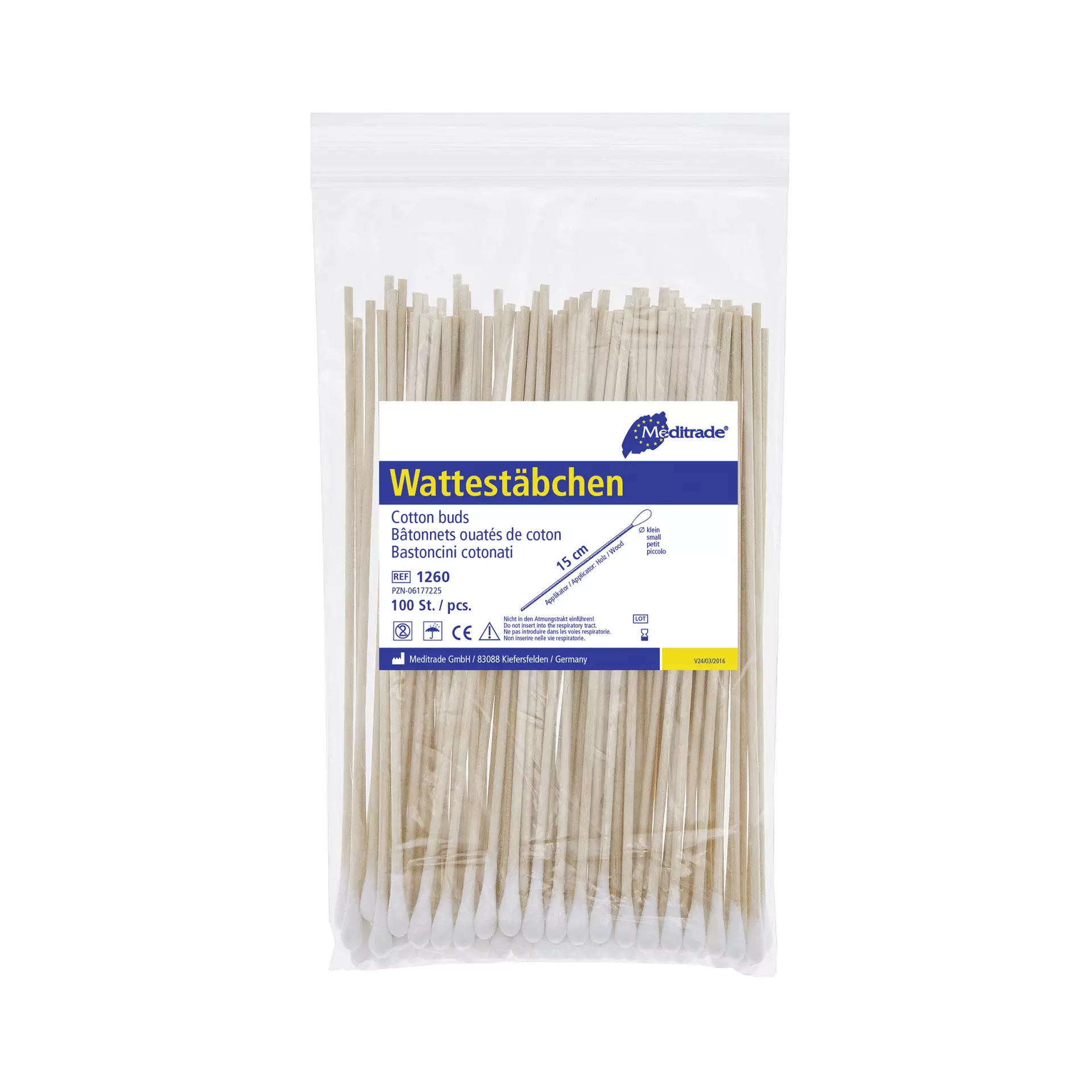 Meditrade 1260, Cotton Swabs, Length: 15 cm, Small Head, Wood