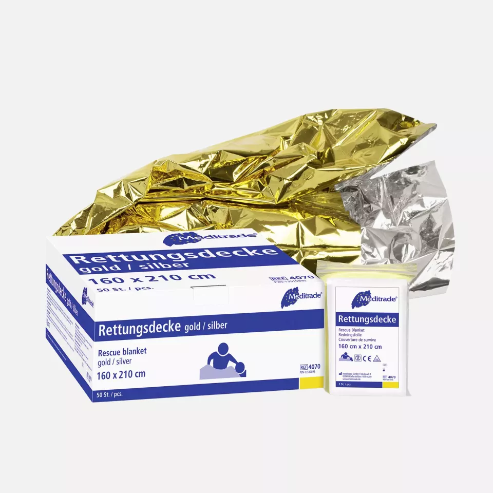 Meditrade 4070, Rettungsdecke, gold/silber, 160 x 210 cm, image 1, gallery thumbnail