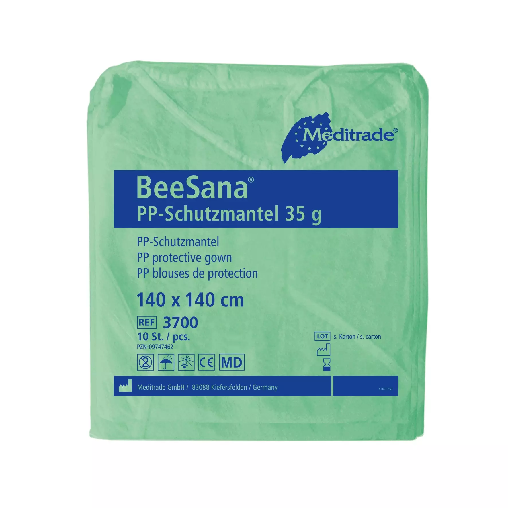 Meditrade 3700, BeeSana® PP Protective Gown 35 g, Protective Gown for Staff and Visitors, 140 x 140 cm, Green, image 1