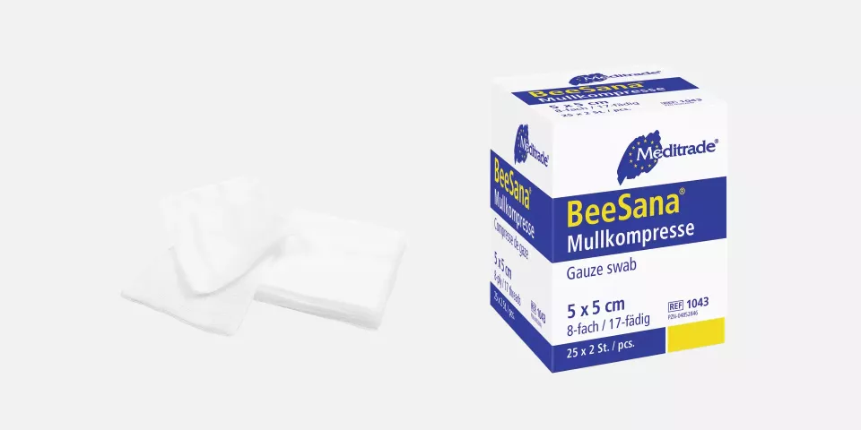 Meditrade 1043, BeeSana® Gauze Swab, Without X-Ray Contrast Thread, Sterile, 8-Ply, 5 x 5 cm, image 1, gallery thumbnail