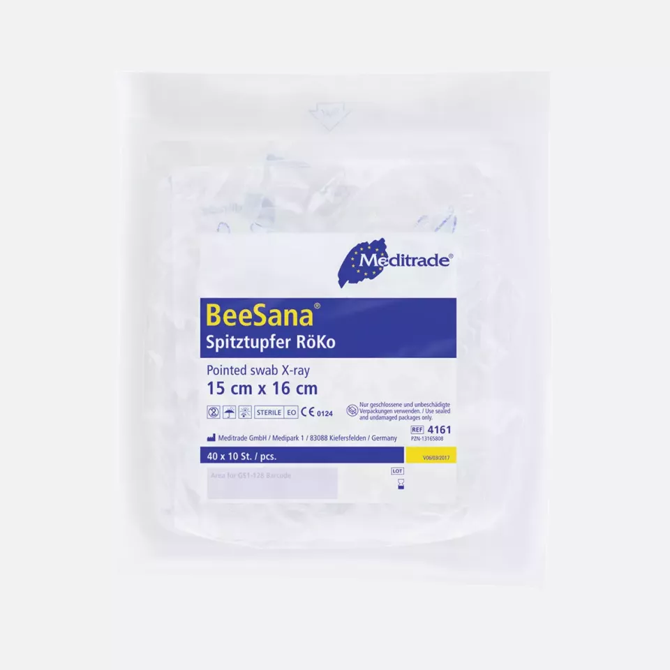 Meditrade 4161, BeeSana® Pointed Swab VM 20, X-Ray Detectable Thread, Sterile, 15 x 16 cm, Large, image 1, gallery thumbnail