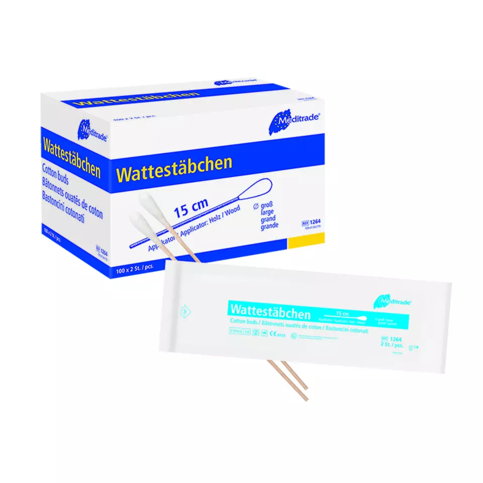 Meditrade 1264, Cotton Swabs Sterile Packed in Pairs, Length: 15 cm, Large Head, Wood, image 1, gallery thumbnail