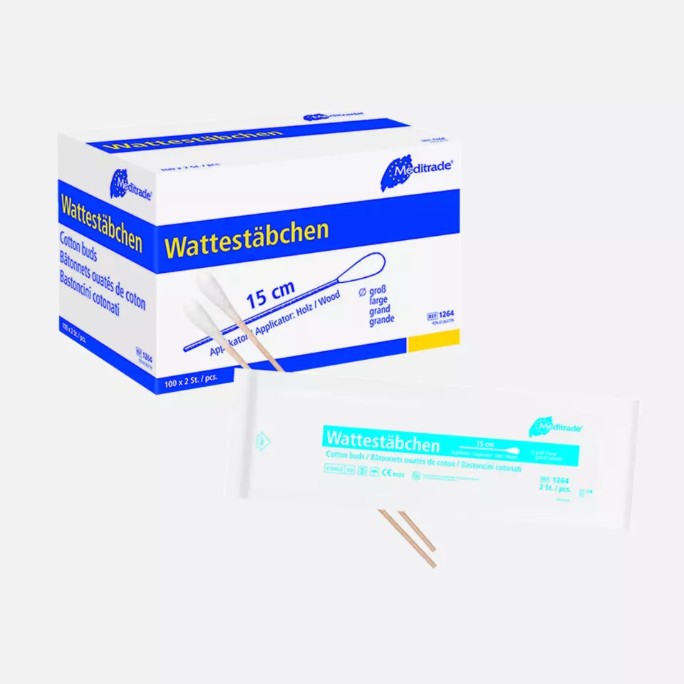 Meditrade 1264, Cotton Swabs Sterile Packed in 2 Pieces, Length: 15 cm, Large Head, Wood, image 1, gallery thumbnail