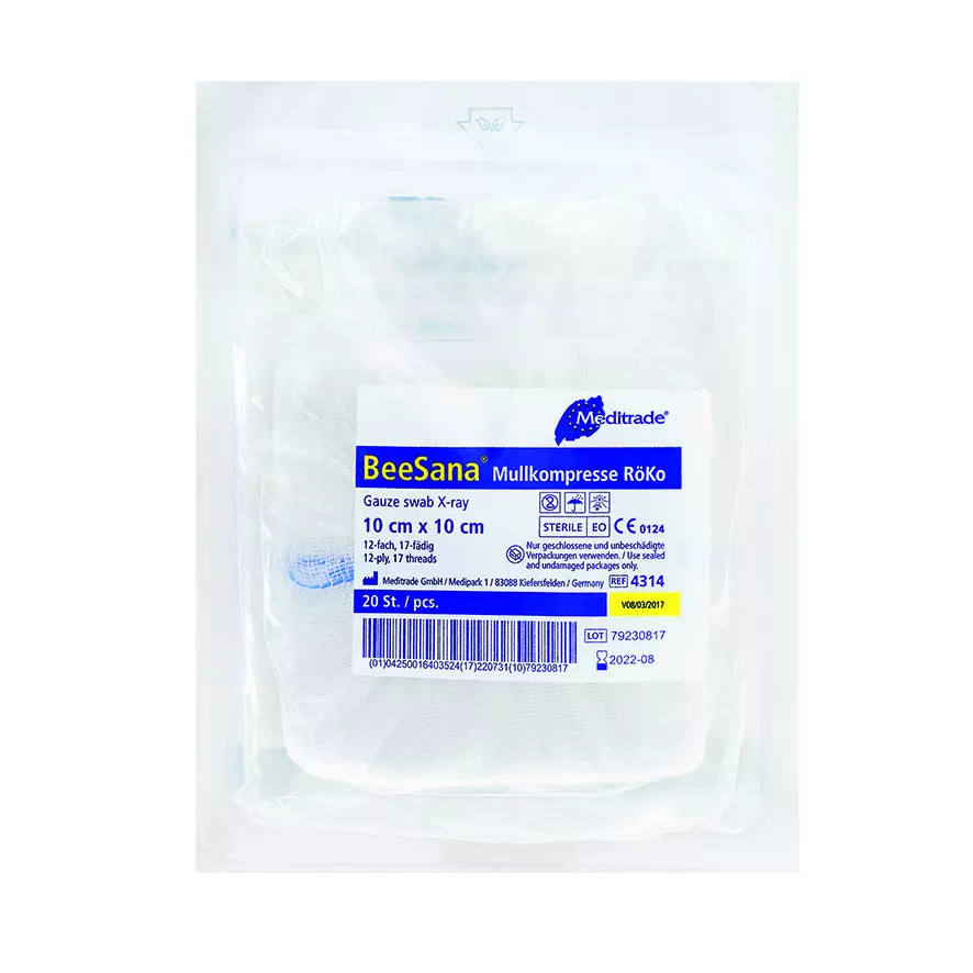 Meditrade 4314, BeeSana® Gauze Compress, X-Ray Detectable Thread, Sterile, 12-Ply, 10 x 10 cm, image 1, gallery thumbnail