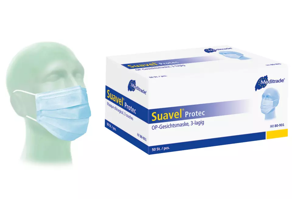 Meditrade 80-901B, Suavel® Protec Surgical Mask with Elastic Ear Loops, Blue, image 1, gallery thumbnail