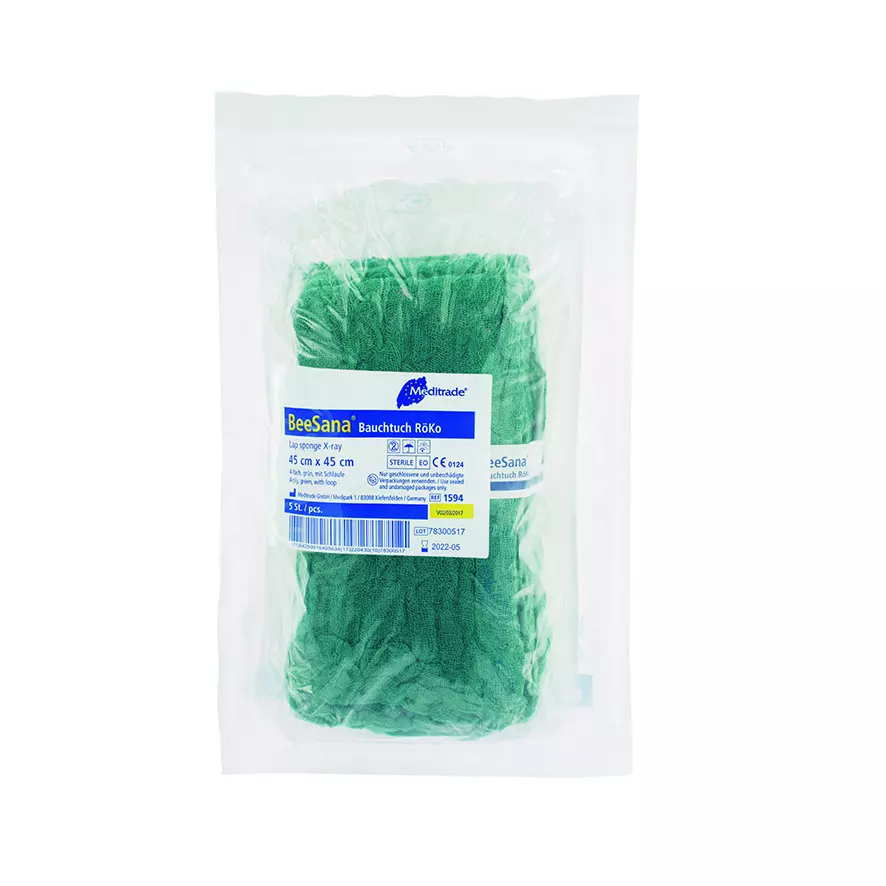 Meditrade 1594, BeeSana® Abdominal Cloth, X-Ray Detectable Thread, Double Sterile, 4-Ply, 45 x 45 cm, Green, image 1, gallery thumbnail