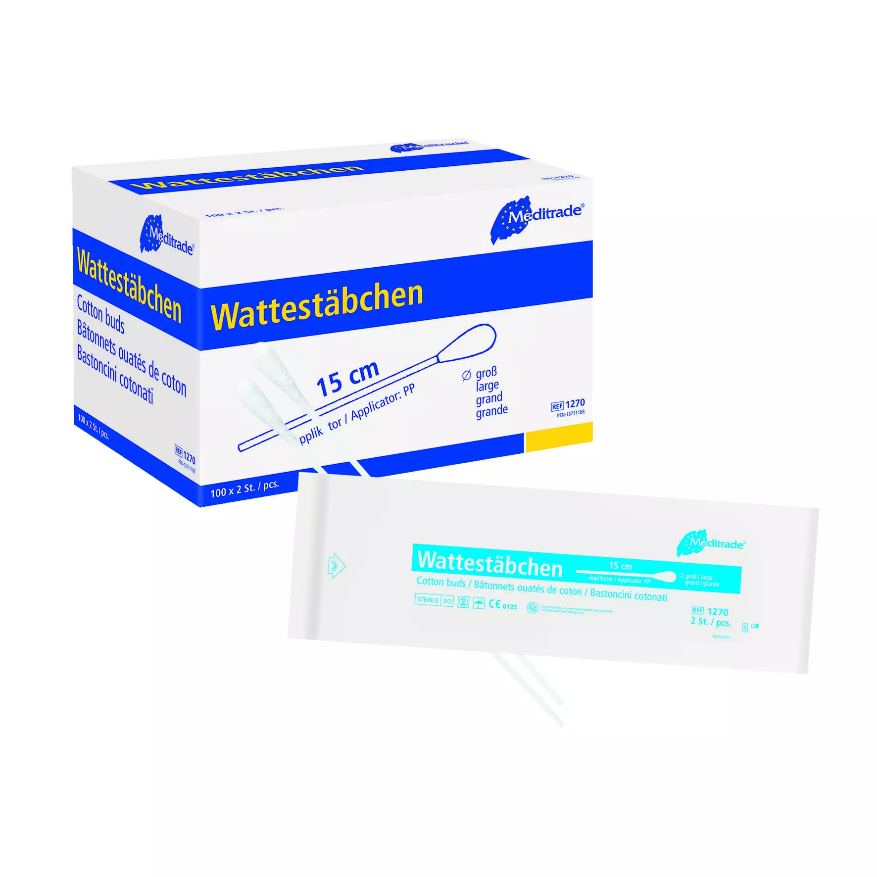 Meditrade 1270, Cotton Swabs Sterile Packed in Pairs, Length: 15 cm, Large Head, Plastic, image 1