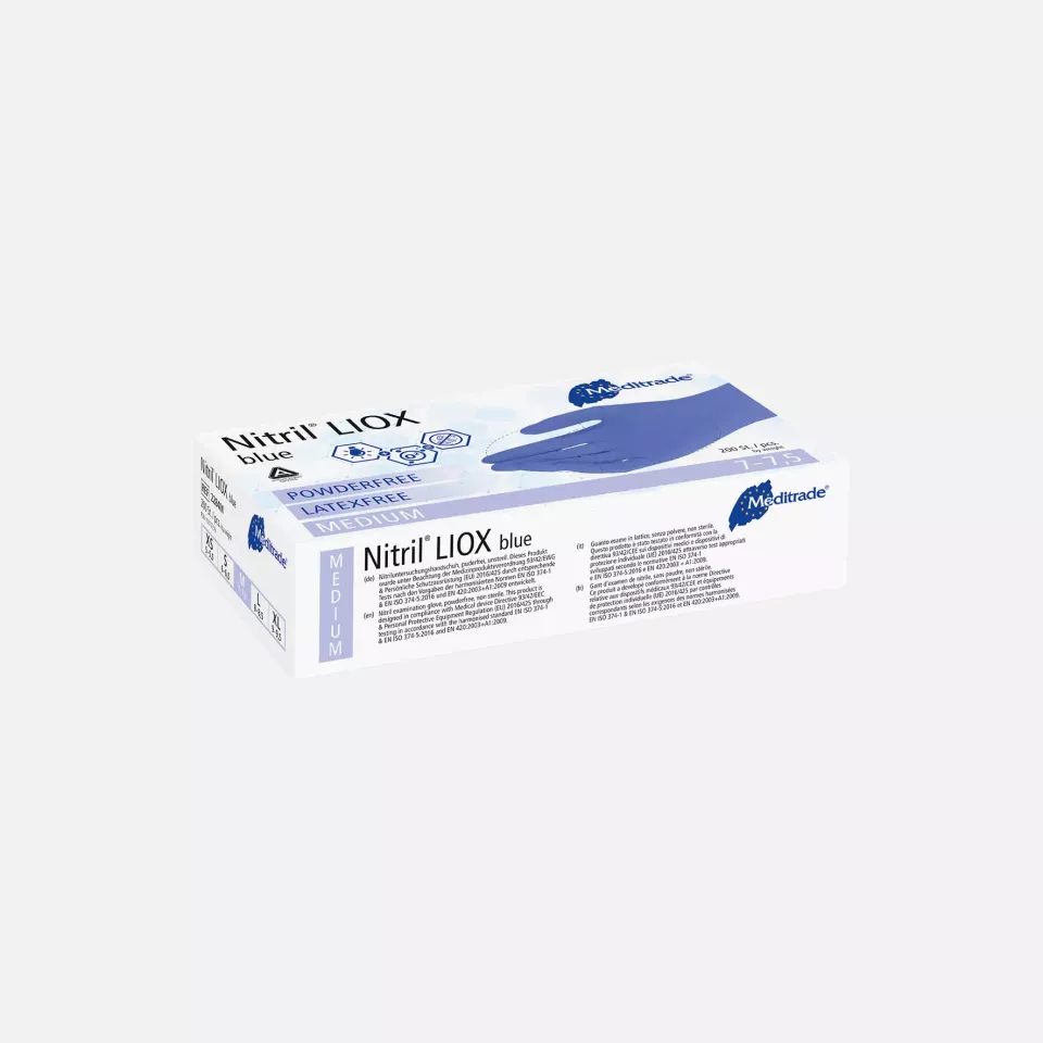 Meditrade 2284, Nitril® LIOX Antimicrobial Nitrile Examination Glove, Blue, Powder-Free, image 2, gallery thumbnail