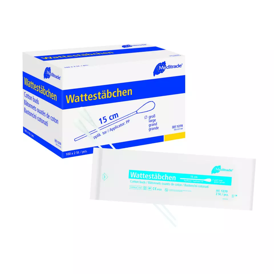 Meditrade 1270, Cotton Swabs Sterile Packed in Pairs, Length: 15 cm, Large Head, Plastic, image 1, gallery thumbnail
