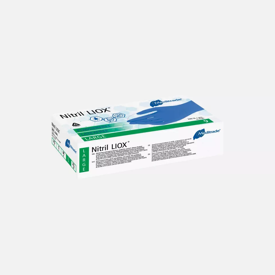 Meditrade 2284, Nitril® LIOX Antimicrobial Nitrile Examination Glove, Blue, Powder-Free, image 1, gallery thumbnail