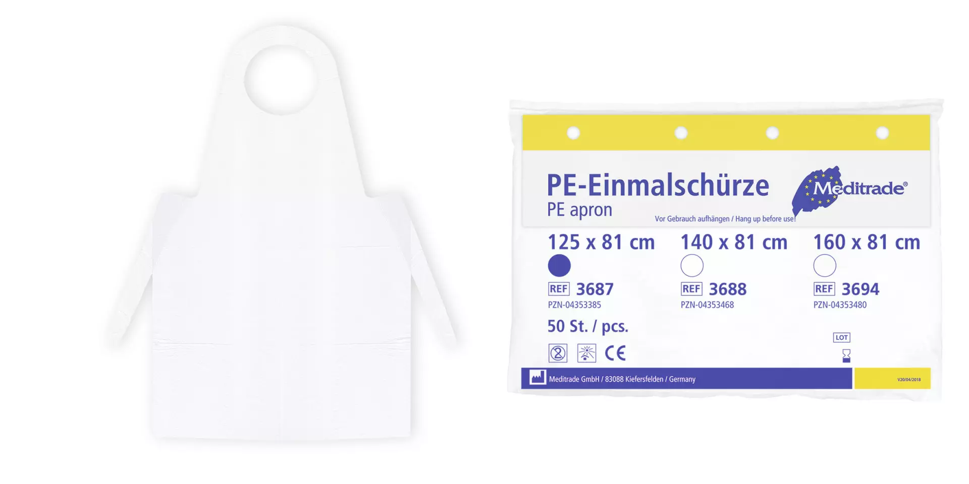 Meditrade 3687, PE Disposable Apron Pre-Folded, White, 125 x 81cm, image 1