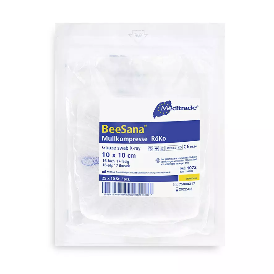 Meditrade 1072, BeeSana® Gauze Compress, X-Ray Detectable Thread, Sterile, 16-Ply, 10 x 10 cm, image 1, gallery thumbnail