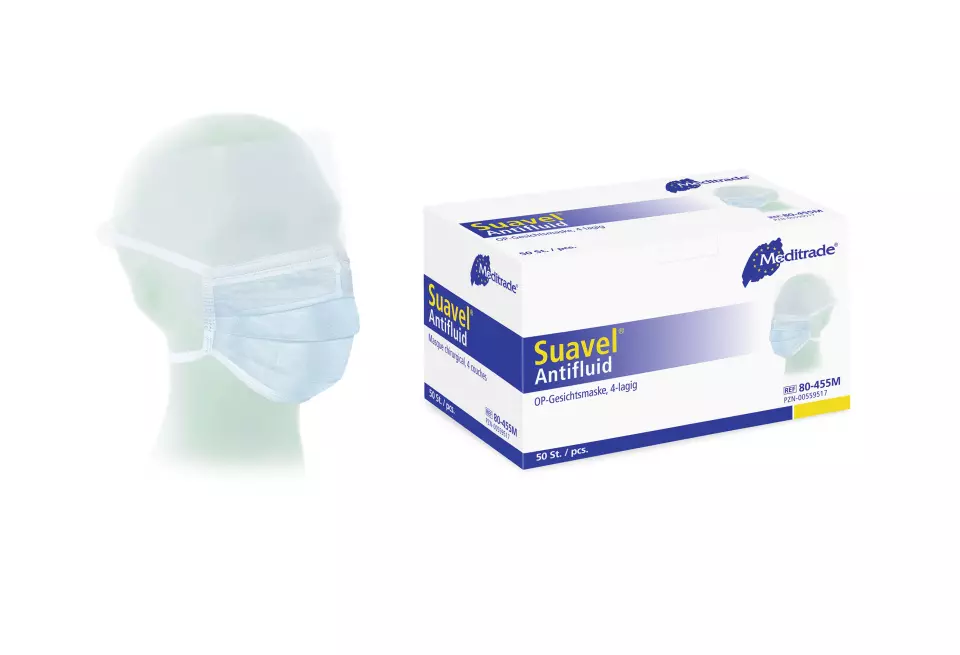 Meditrade 80-455M, Suavel® Antifluid Surgical Mask with Protective Shield, Blue, image 1, gallery thumbnail