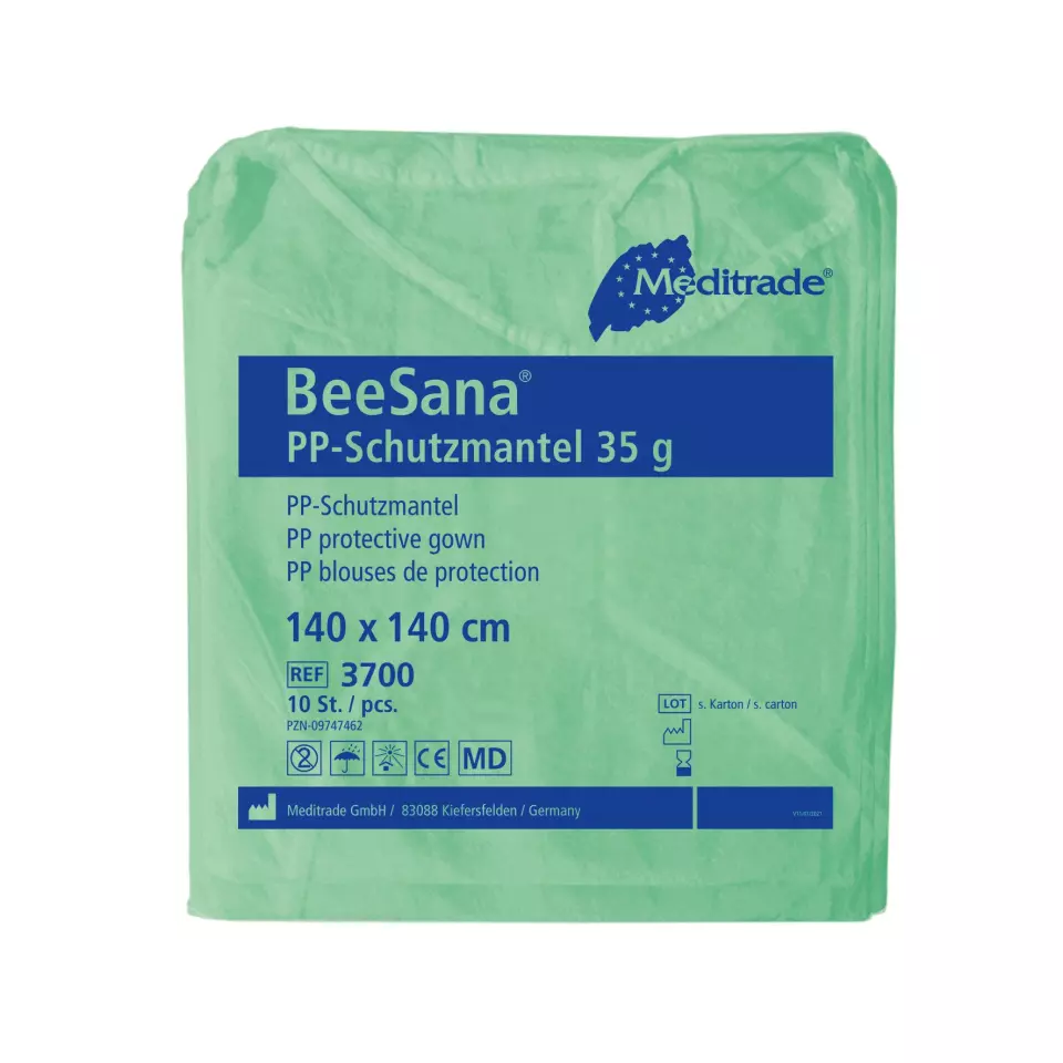 Meditrade 3700, BeeSana® PP Protective Gown 35 g, Protective Gown for Staff and Visitors, 140 x 140 cm, Green, image 1, gallery thumbnail