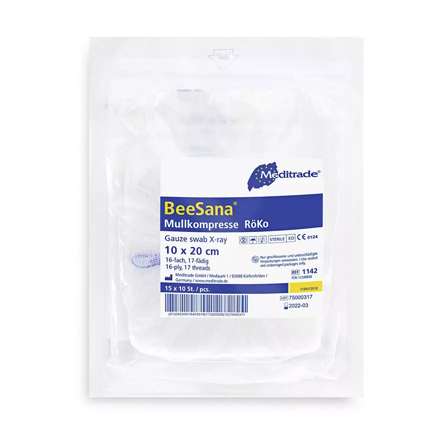 Meditrade 1142, BeeSana® Gauze Compress, X-Ray Detectable Thread, Sterile, 16-Ply, 10 x 20 cm, image 1, gallery thumbnail