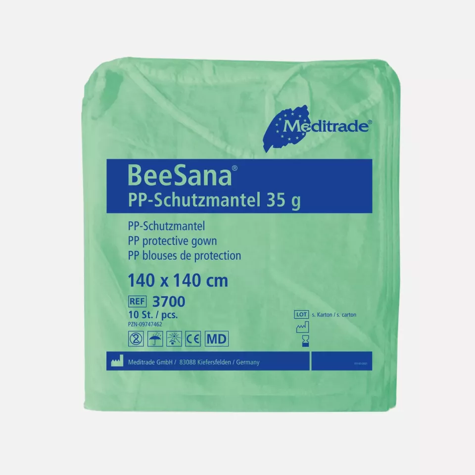 Meditrade 3700, BeeSana® PP Protective Gown 35 g, Protective Gown for Staff and Visitors, 140 x 140 cm, Green, image 1, gallery thumbnail