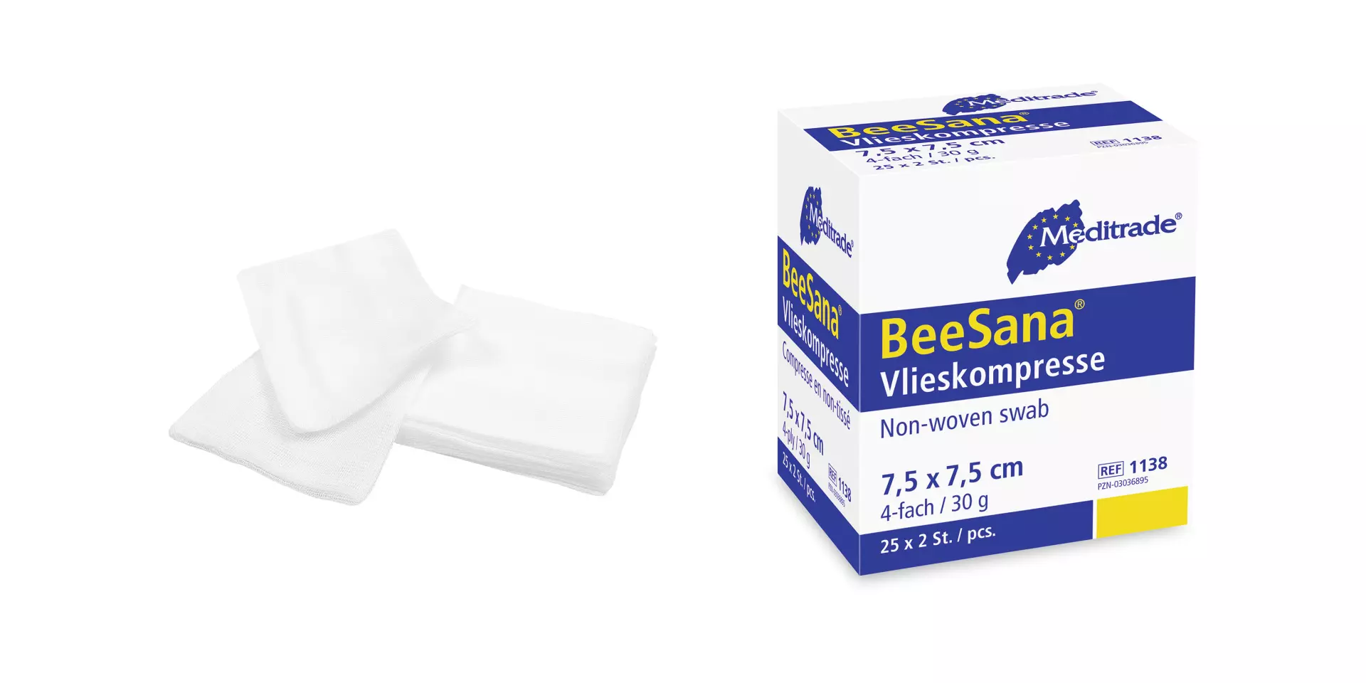 Meditrade 1138, BeeSana® Non-Woven Swab, Sterile, 4-Ply, 30 g, 7.5 x 7.5 cm, image 1