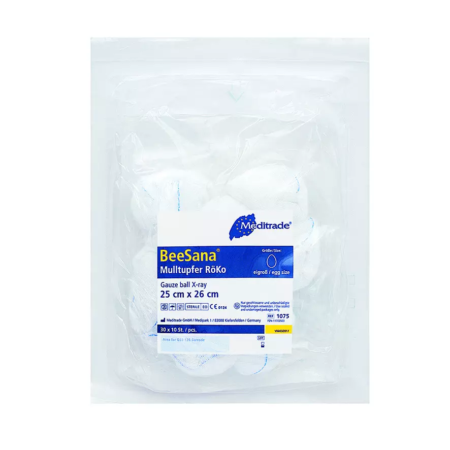 Meditrade 1075, BeeSana® Gauze Ball, X-Ray Detectable Thread, Sterile, 25 x 26 cm, Round Shape, image 1, gallery thumbnail