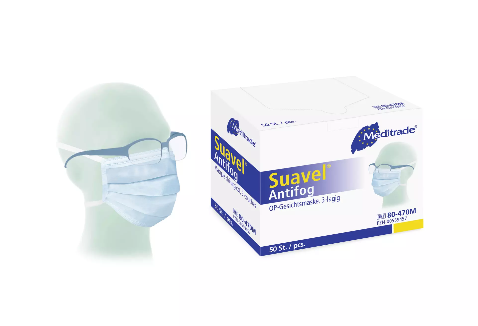 Meditrade 80-470M, Suavel® Antifog Surgical Mask for Glasses Wearers, Blue