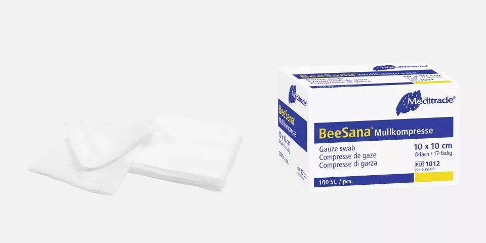 Meditrade 1012, BeeSana® Gauze Swab, Without X-Ray Detectable Thread, Non-Sterile, 8-Ply, 10 x 10 cm, image 1, gallery thumbnail