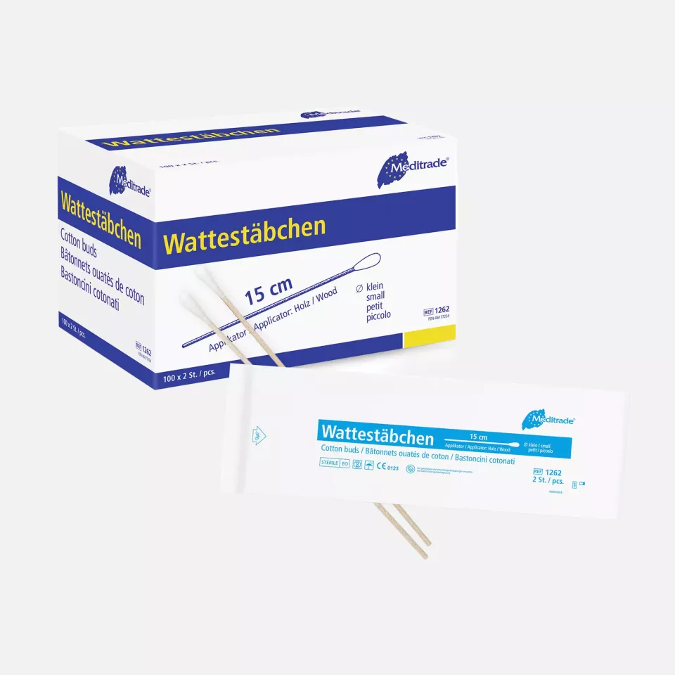 Meditrade 1262, Cotton Swabs Sterile Packed in 2 Pieces, Length: 15 cm, Small Head, Wood, image 1, gallery thumbnail