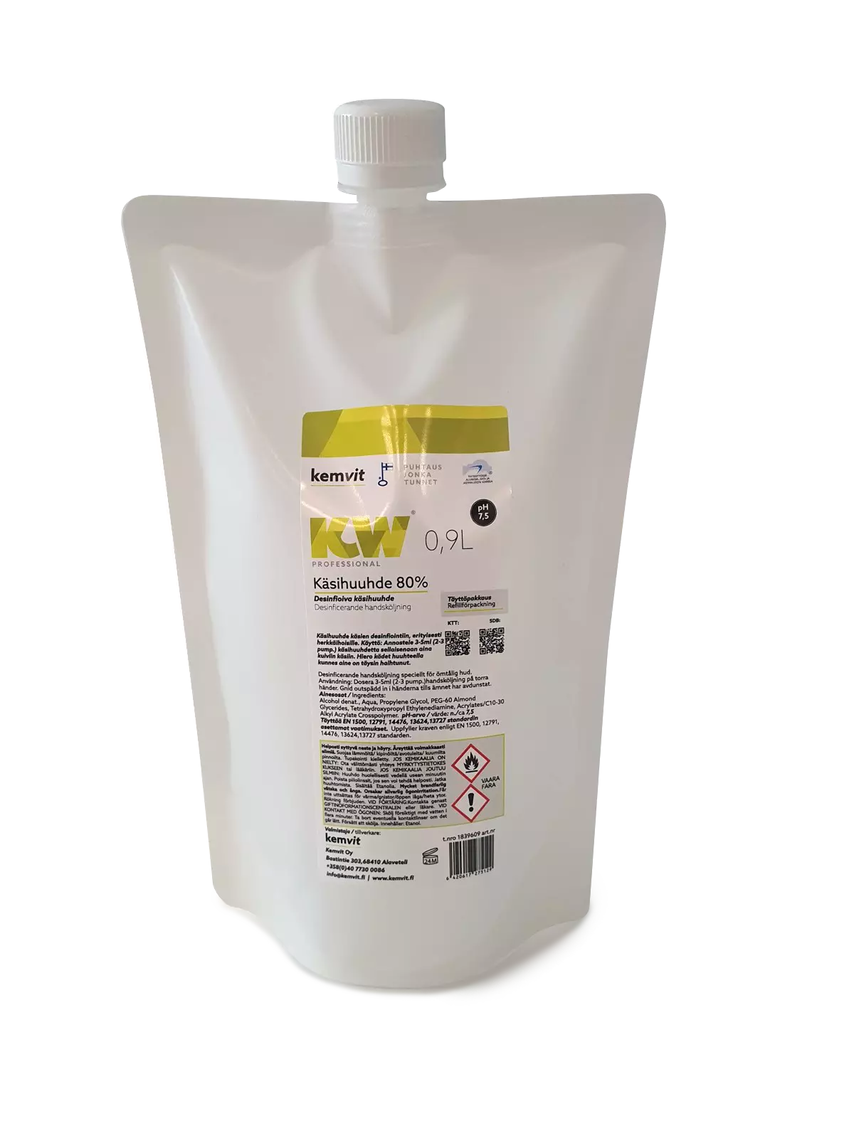 Kemvit 1839609, KW Käsihuuhde 80% 900ml täyttöpakkaus pussi, image 1
