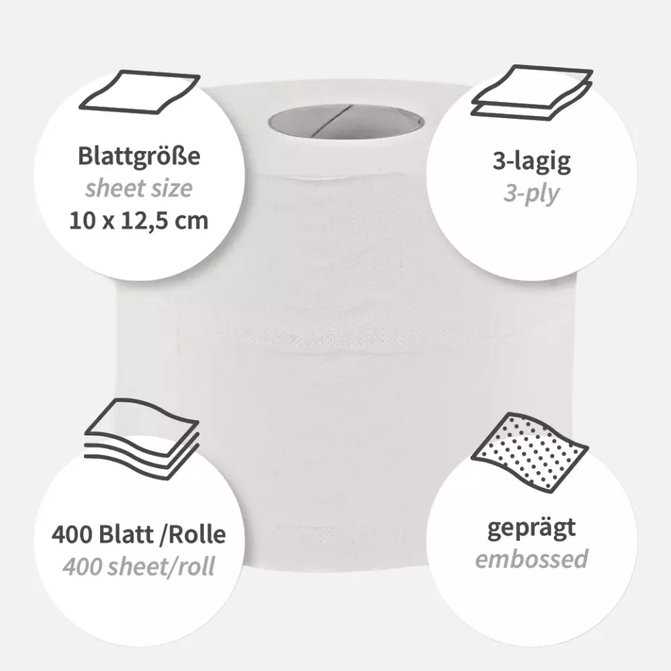 HygoClean 304235, 3-ply Cellulose Toilet Paper, Small Roll, Bright White, image 3, gallery thumbnail