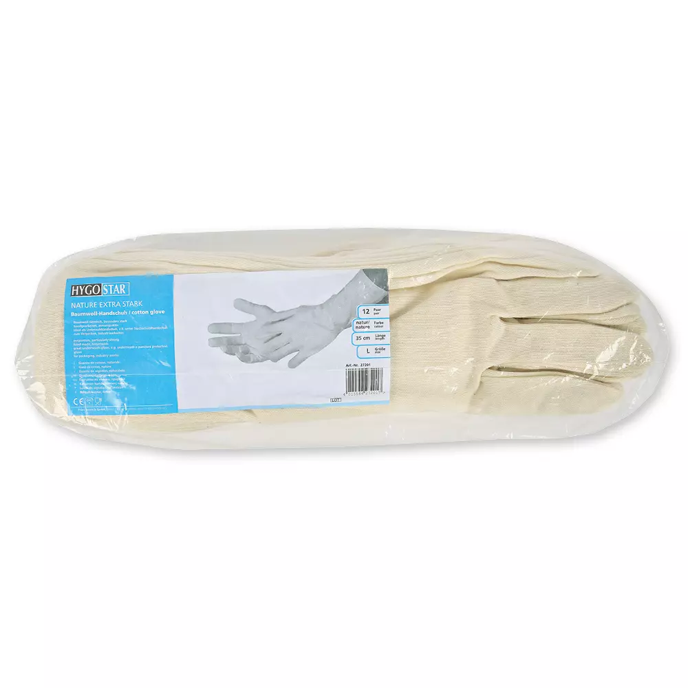 HygoStar 27201, Nature Solid Long Cotton Gloves, Size 9/L, Natural