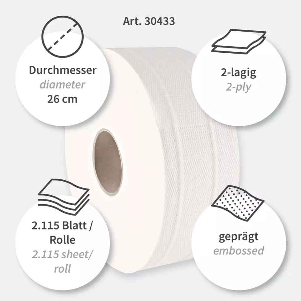 HygoClean 30433, Jumbo 2-Ply Cellulose Toilet Paper, Bright White, image 3, gallery thumbnail