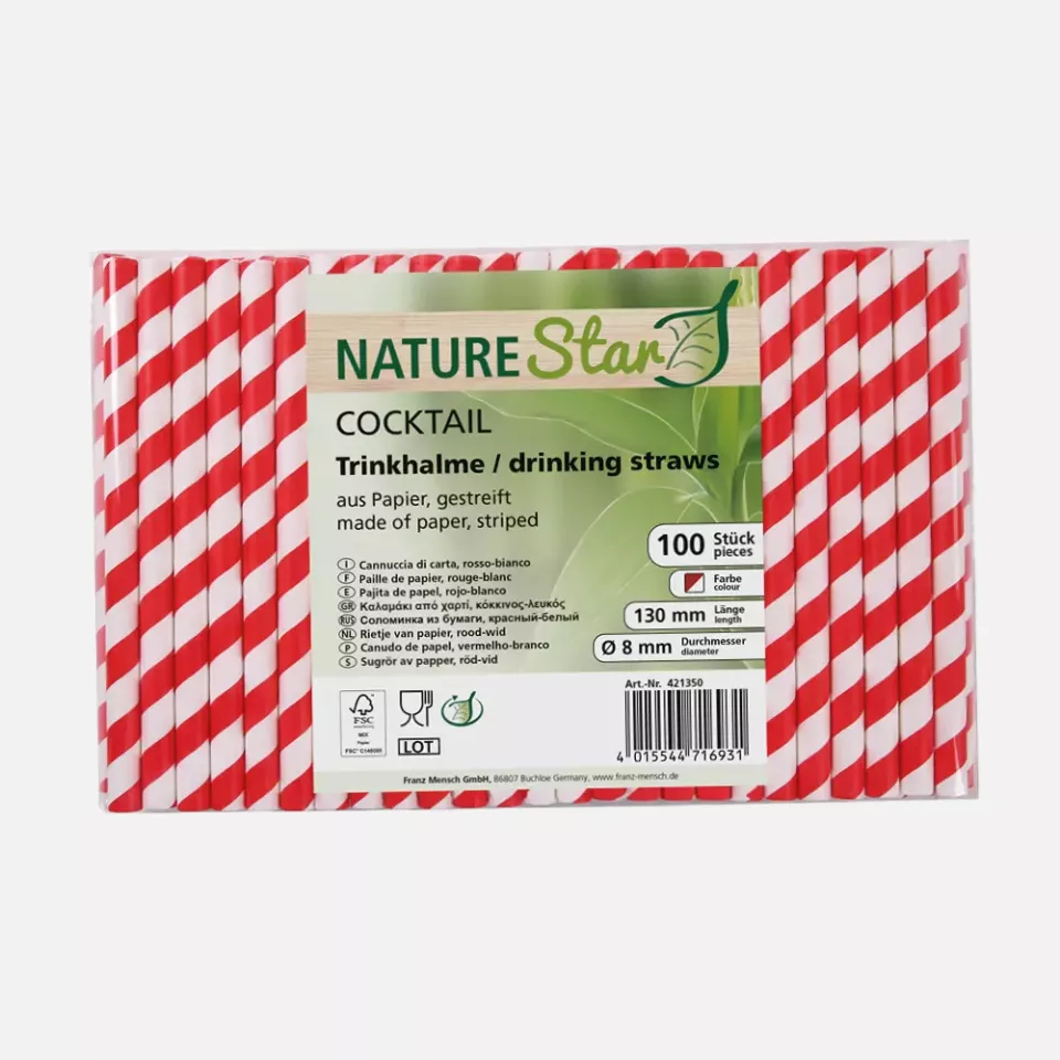 NATUREStar 421350, Cocktail Organic Paper Straws, FSC®-mix, red/white striped, ø 8 mm, 130 mm, image 4, gallery thumbnail