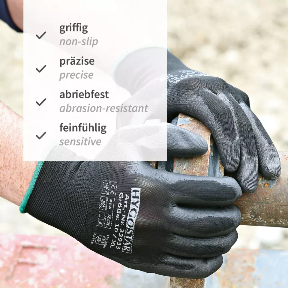 HygoStar 33932, Ace Fine Knit Gloves, PU Coating, Black, image 7, gallery thumbnail