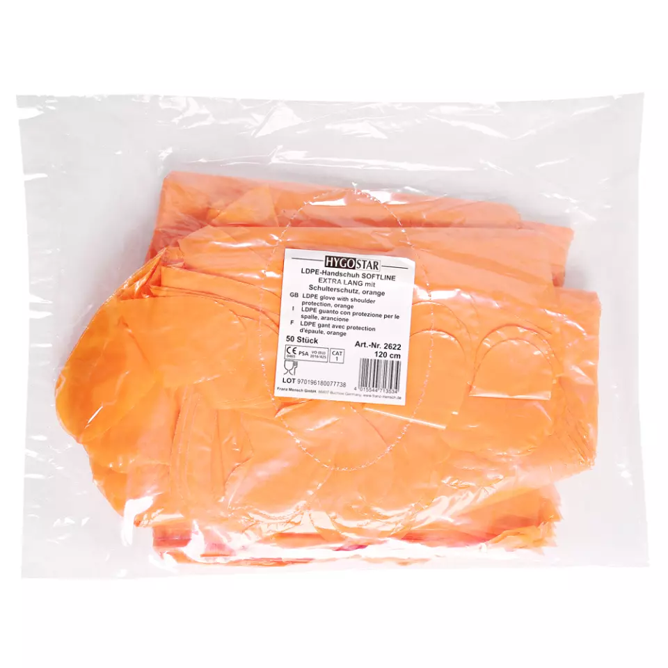 HygoStar 2622, Softline Extra Long LDPE Gloves, Orange, image 1, gallery thumbnail