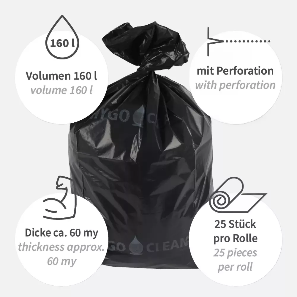 HygoClean 32445, LDPE Waste Bags, 160 l, Black, Roll, image 3