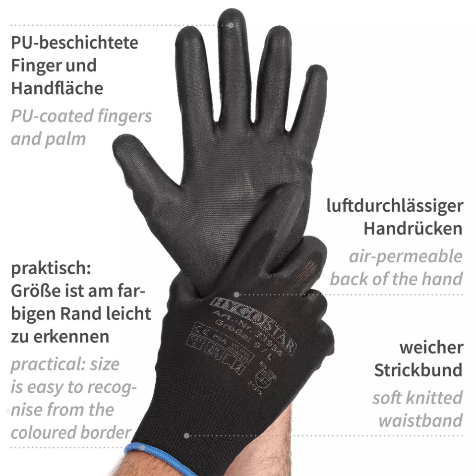 HygoStar 33932, Ace Fine Knit Gloves, PU Coating, Black, image 3, gallery thumbnail