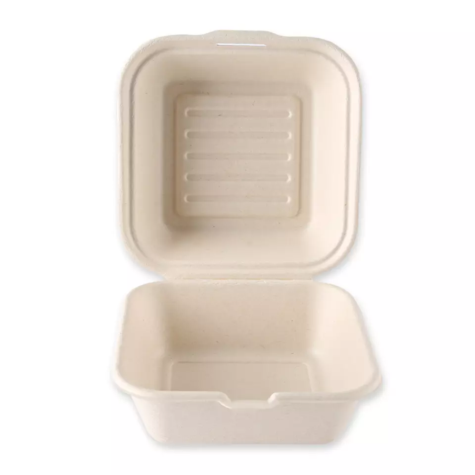 NATUREStar 412155, Organic Hinged Lid Bagasse Hamburger Boxes, 150 x 85 mm, image 1, gallery thumbnail