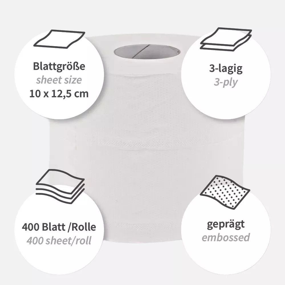 HygoClean 304235, 3-ply Cellulose Toilet Paper, Small Roll, Bright White, image 3