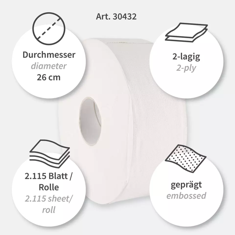 HygoClean 30432, Recycled Paper Toilet Paper, Jumbo, 2-Ply, White, image 3, gallery thumbnail