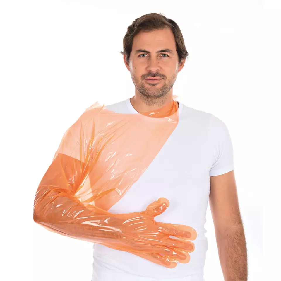 HygoStar 2622, Softline Extra Long LDPE Gloves, Orange, image 2, gallery thumbnail