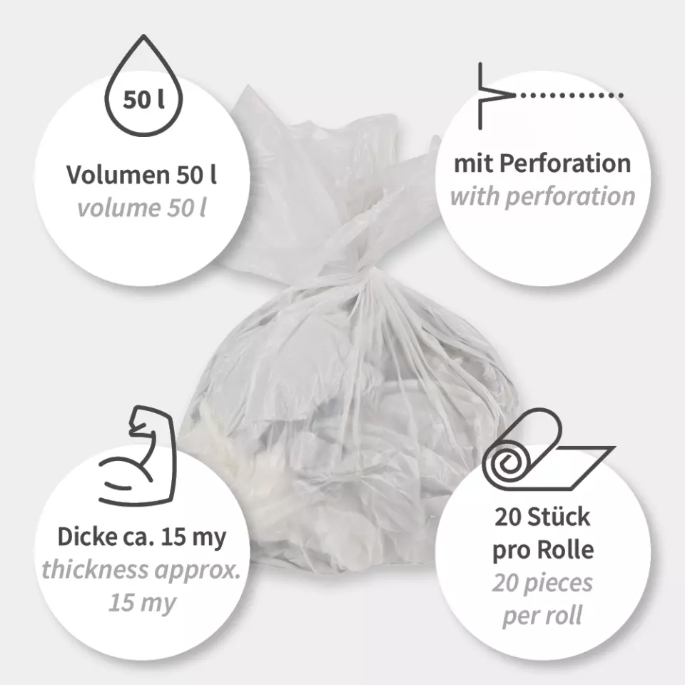 HygoClean 32994, HDPE Garbage Bags, 50 l, With Handle, Roll, Transparent, image 3, gallery thumbnail