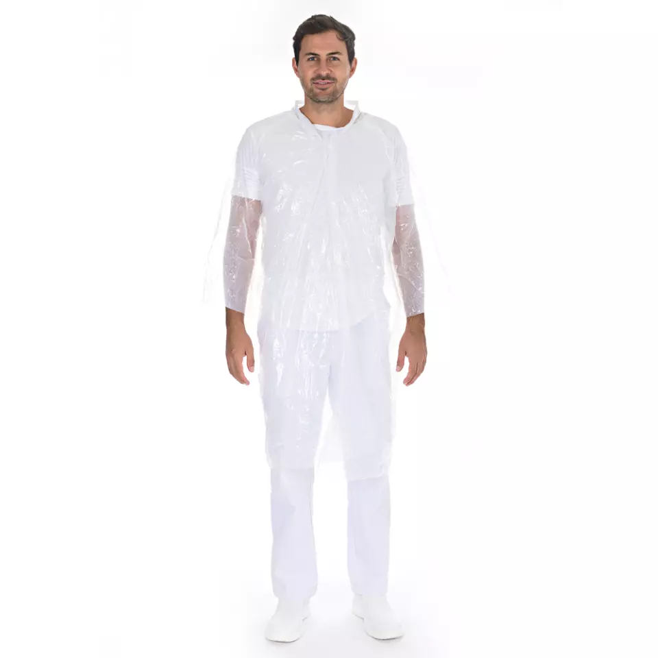 HygoNorm 27329, PE Light Visitor Gowns, Push Buttons, White, image 1, gallery thumbnail