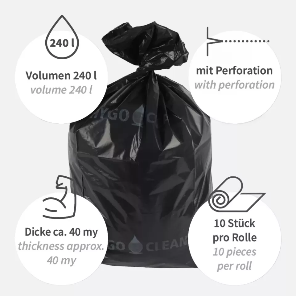 HygoClean 32313, Light LDPE Waste Bags, 240 l, Black, Roll, image 4, gallery thumbnail