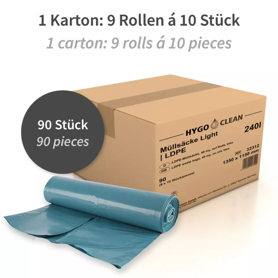 HygoClean 32312, Light LDPE Waste Bags, 240 l, Blue, Roll, image 4, gallery thumbnail