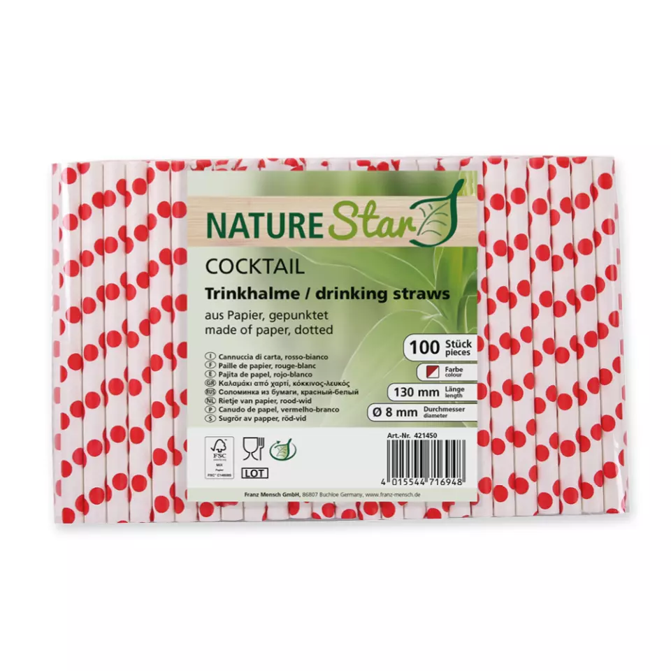 NATUREStar 421450, Cocktail Organic Paper Straws, FSC®-mix, red/white dotted, ø 8 mm, 130 mm, image 5, gallery thumbnail