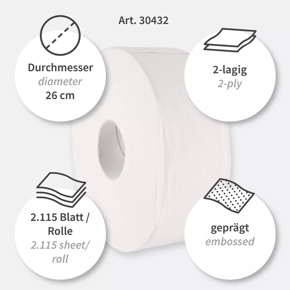 HygoClean 30432, Recycled Paper Toilet Paper, Jumbo, 2-Ply, White, image 3