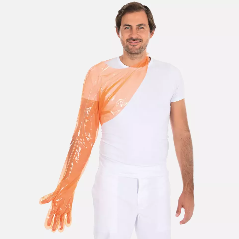 HygoStar 2622, Softline Extra Long LDPE Gloves, Orange, image 3, gallery thumbnail