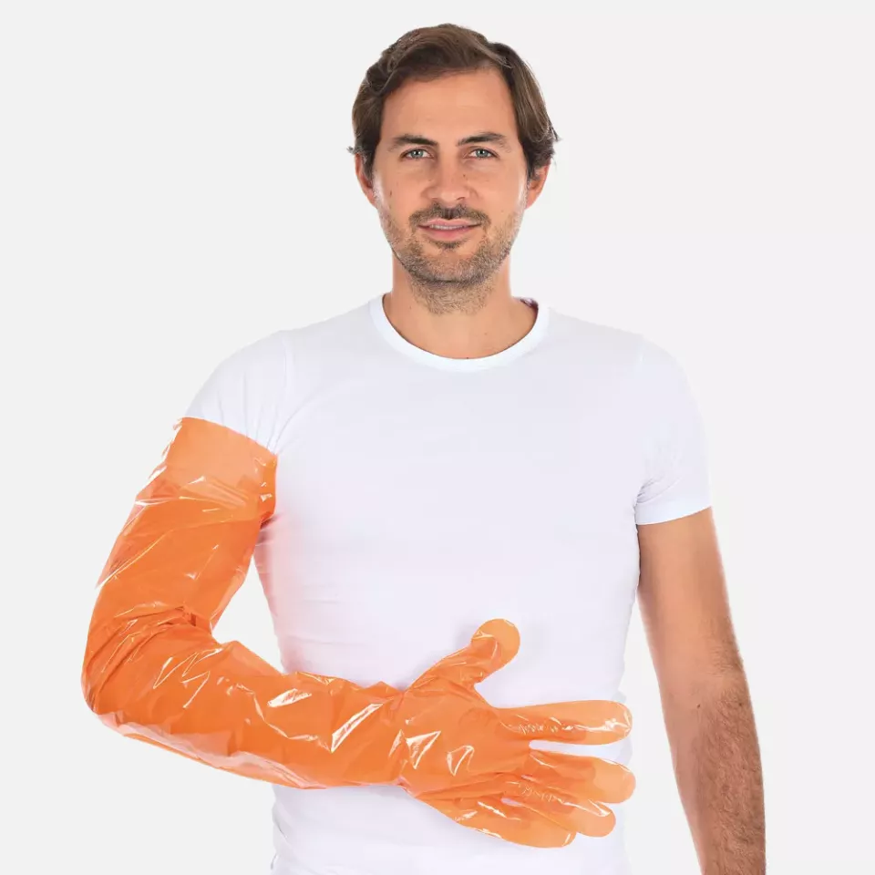 HygoStar 2620, Softline Long LDPE Gloves, Orange, image 2, gallery thumbnail