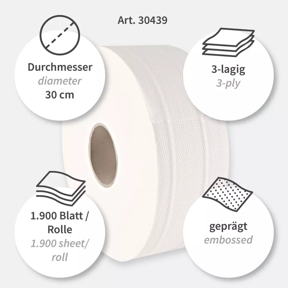 HygoClean 30439, Jumbo Cellulose Toilet Paper, 3-Ply, Brightwhite, image 3, gallery thumbnail