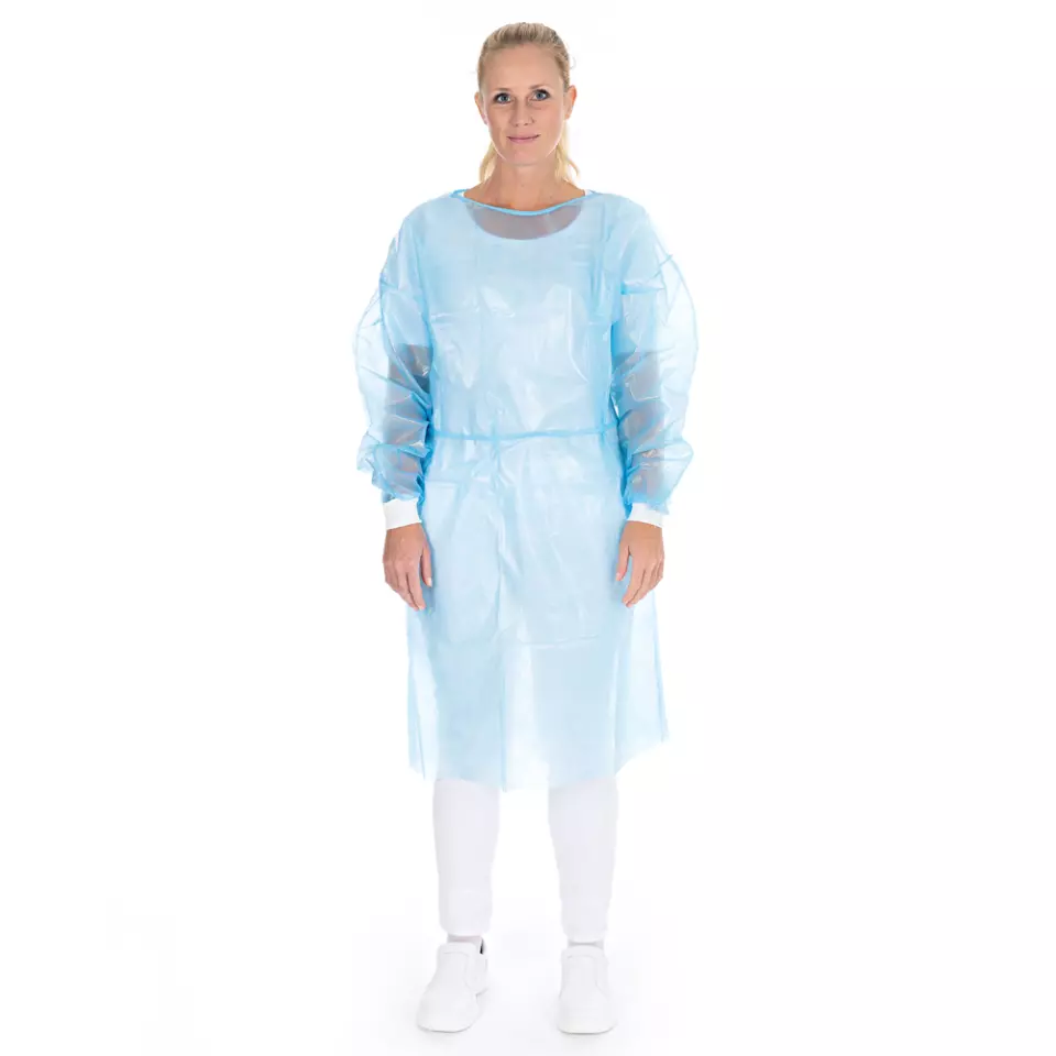 HygoStar 27767, PP/PE Laminated Gowns with Neck Ties, L, Blue, image 1, gallery thumbnail